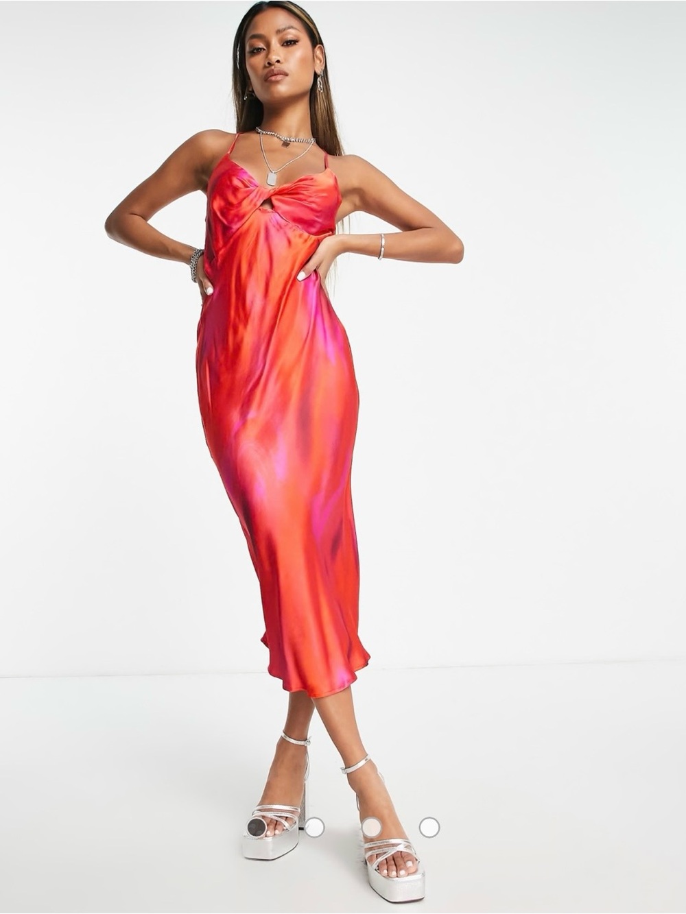 Twist Front Pink and Orange Satin Midi Dress